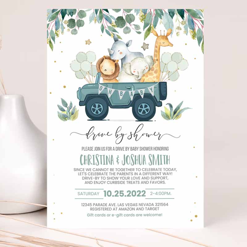 Drive By Baby Shower Invitation, Safari Animal Driverough Baby Shower Invite Social Distancing Driveru Shower