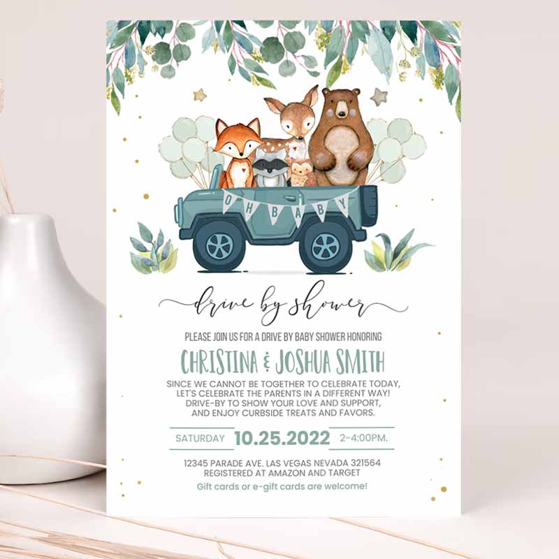 Drive By Baby Shower Invite Woodland Animal Driverough Shower Invite Social Distancing Driveru Gender Party