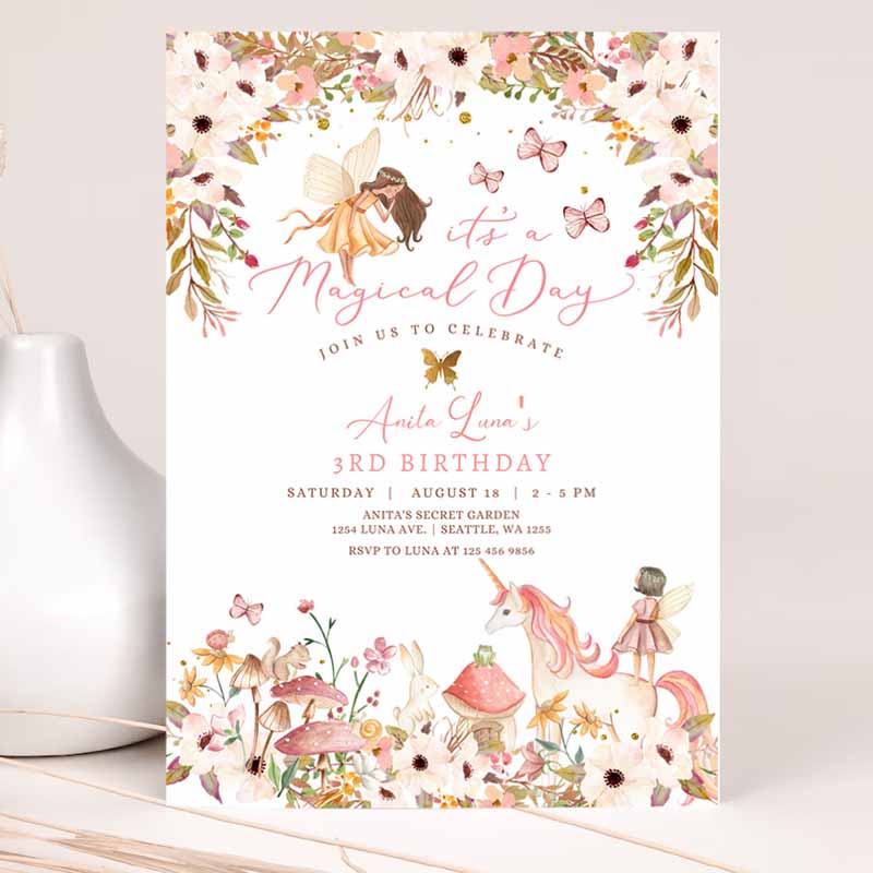 Enchanted Magical Unicorn Fairy Kids Birthday Invitation, Garden Forest Animals Floral Fairy Kids Birthday