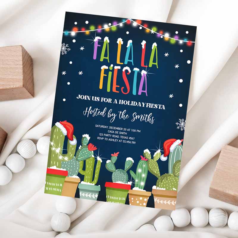 Fa La La Fiesta Christmas Invitation, Cactus Mexican Holiday Feliz Navidadmas Party