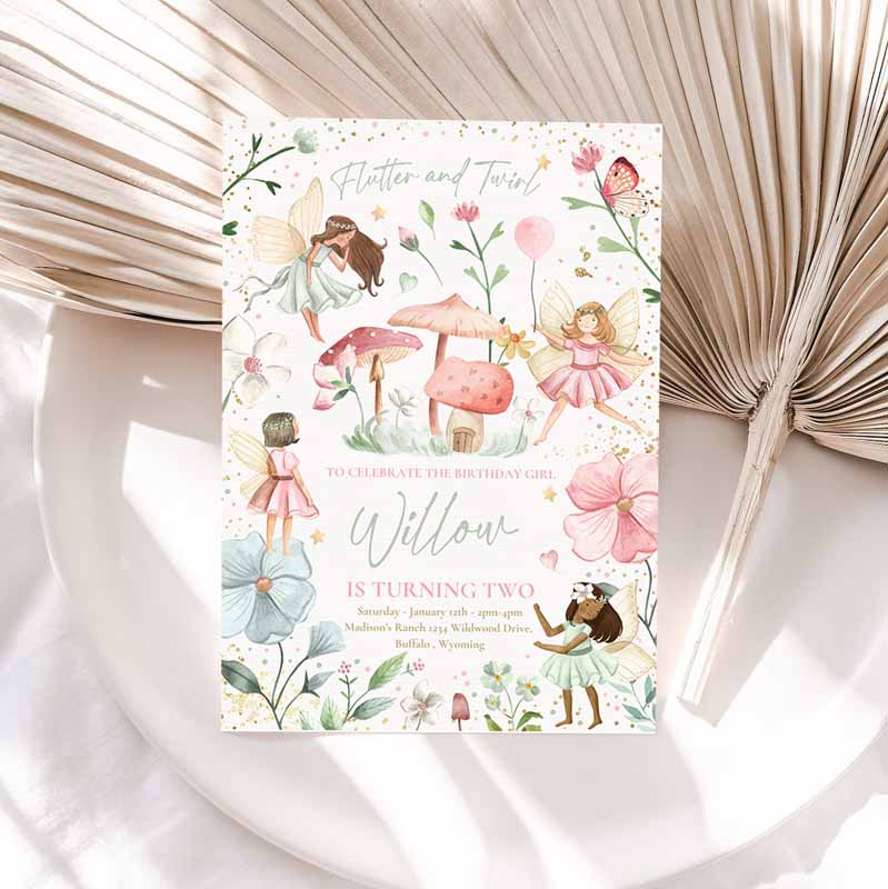 Fairy Kids Birthday Invitation, Whimsical Enchanted Pixie Fairy Party Floral Fairy Princess Kids Birthday Party