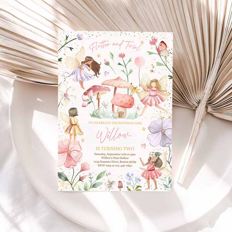 Fairy Kids Birthday Invitation, Whimsical Enchanted Pixie Fairy Party Floral Fairy Princess Party