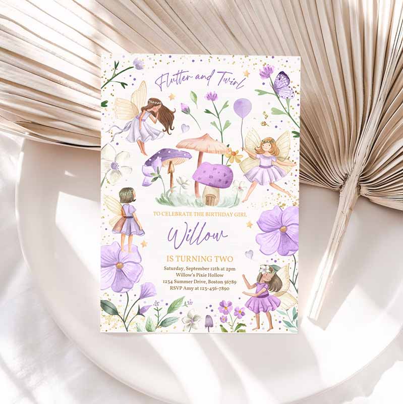 Fairy Kids Birthday Invitation, Whimsical Enchanted Pixie Fairy Party Floral Fairy Princess Party, Violet