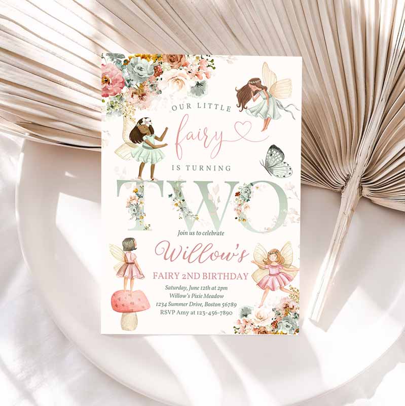 Fairy Kids Birthday Invitation, Whimsical Pink Green Wildflower Fairy Kids Birthday Floral Fairy Garden Kids Birthday