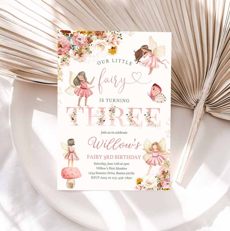 Fairy Kids Birthday Invitation, Whimsical Pink Wildflower Fairy Kids Birthday Floral Fairy Garden Kids Birthday