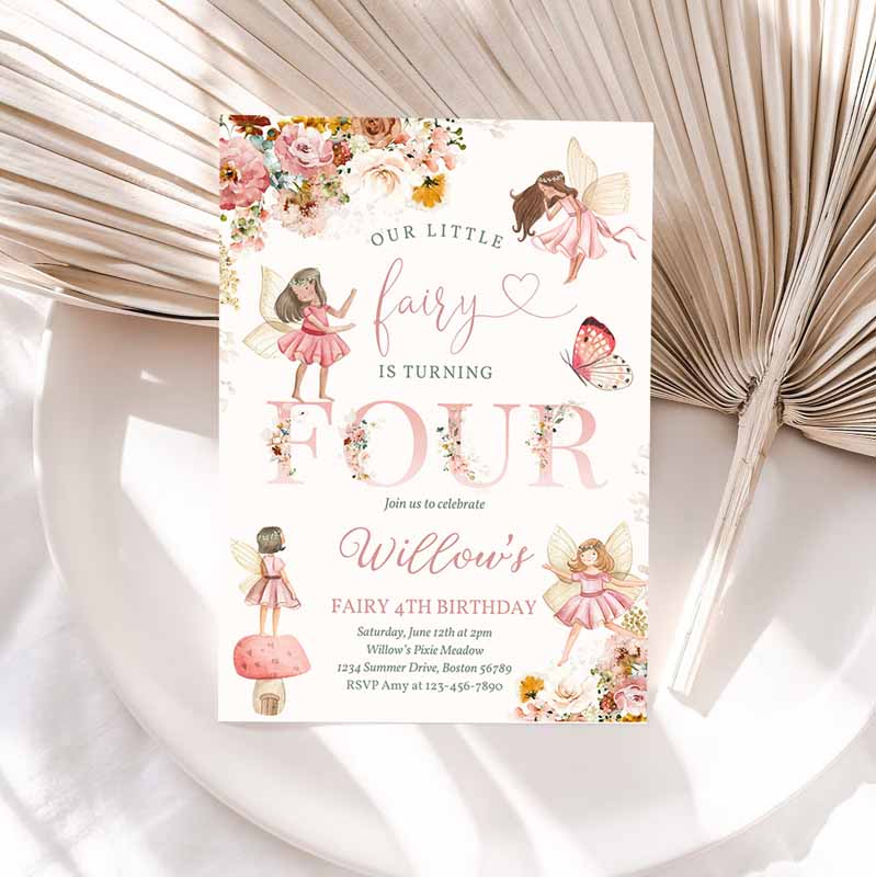 Fairy Kids Birthday Invitation, Whimsical Pink Wildflower Fairy Kids Birthday Floral Fairy Garden Kids Birthday