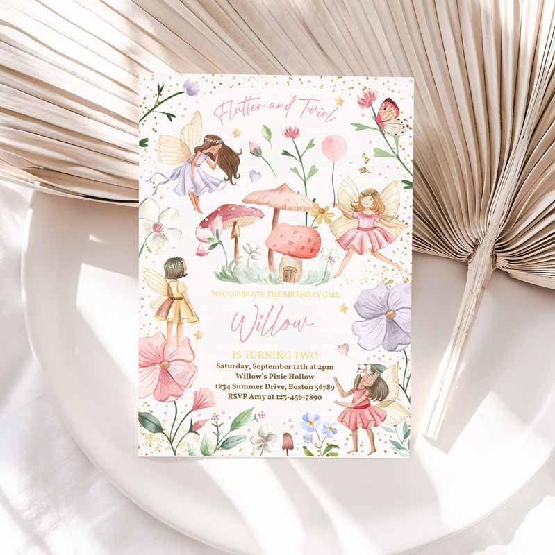 Fairy Kids Birthday, Invite Whimsical Enchanted Pixie Fairy Party Floral Fairy Princess Party