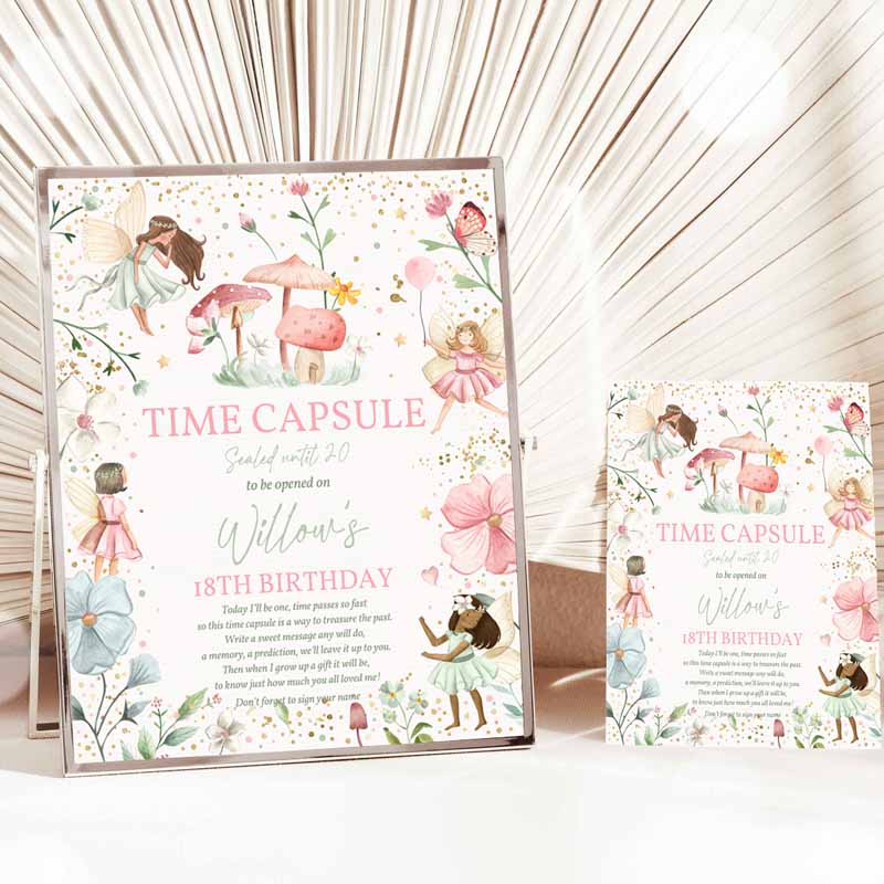 Fairy Kids Birthday Party, Time Capsule Note Card Enchanted Magical Floral Fairy Princess Kids Birthday Party, Template