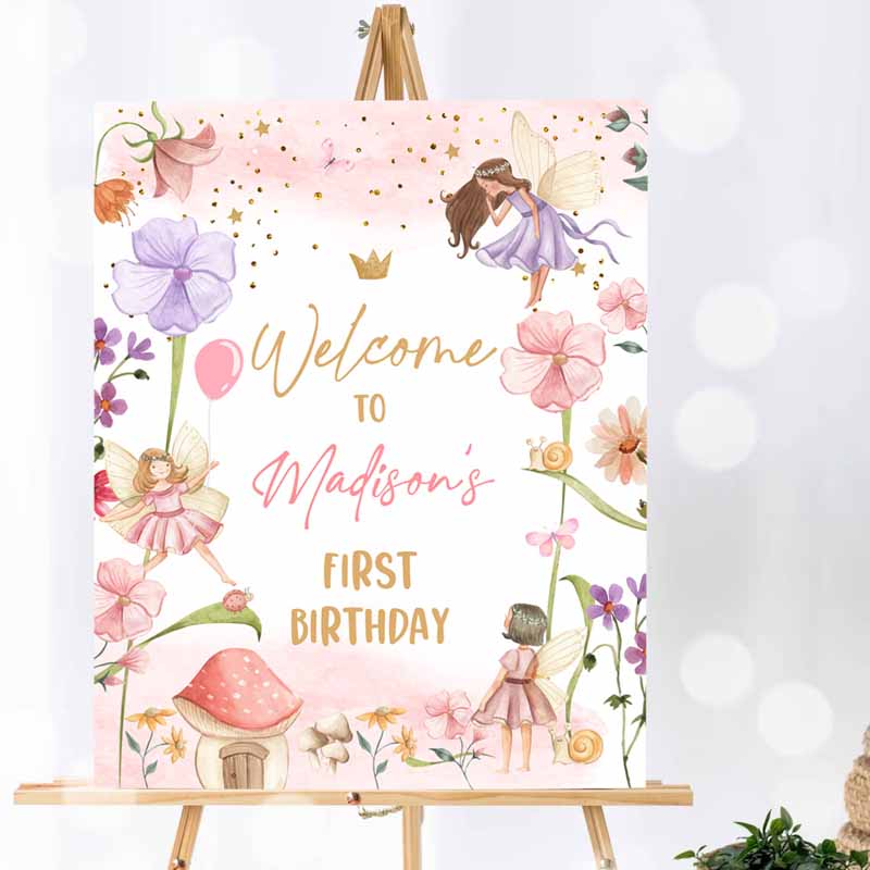 Fairy Kids Birthday Party, Fairy Garden Sign, Whimsical Welcome Enchanted Forest Kids Birthday, Girl Pink