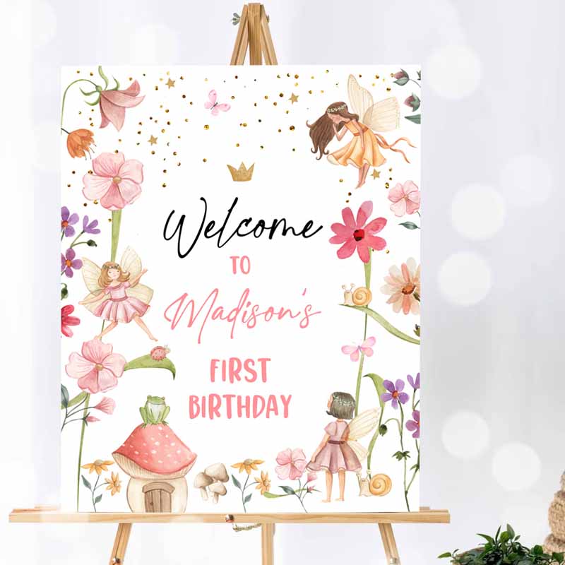 Fairy Kids Birthday, Fairy Garden Sign, Whimsical Welcome Enchanted Forest Kids Birthday, Girl Pink