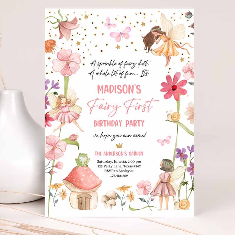 Fairy First Kids Birthday Invitation, Fairy Garden Kids Birthday, Fairy Forest Girl Kids Birthday