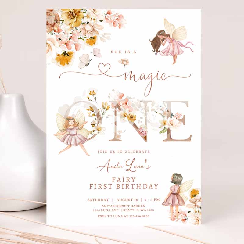 Fairy Magic ONE Kids Birthday Invitation, Butterfly Magical Wildflower Garden Fairy Fairy Kids Birthday