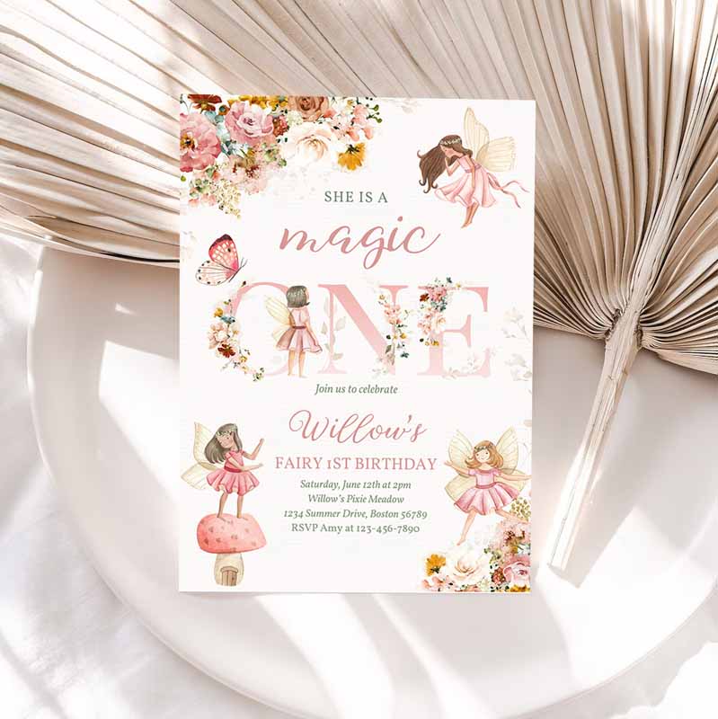 Fairy Magic One Kids Birthday Invitation, Whimsical Wildflower Fairy Kids Birthday Floral Fairy Garden Party