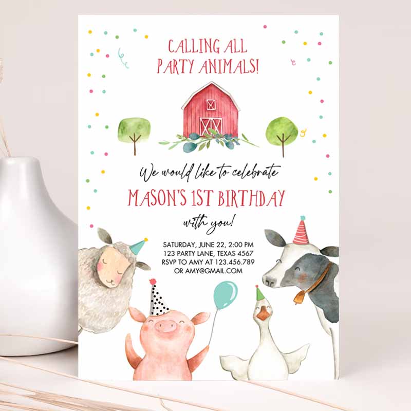 Farm Animals Kids Birthday Invitation, Boy Farm Barnyard First Kids Birthday Animals Confetti Party Invitation