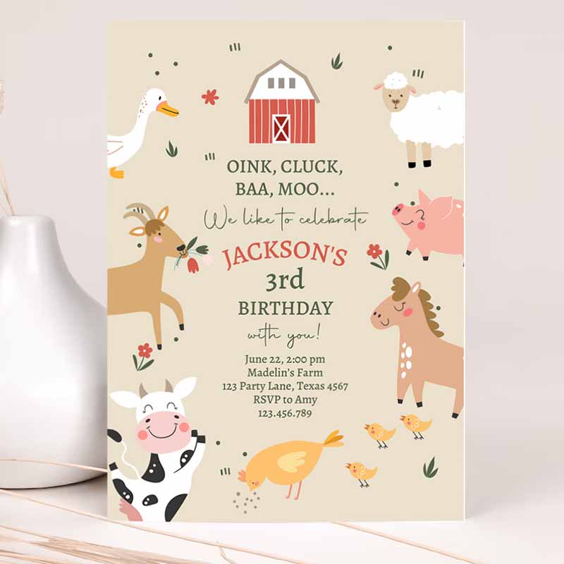 Farm Animals Kids Birthday Invitation, Boys Farm Barnyard First Kids Birthday Animals Modern Farm