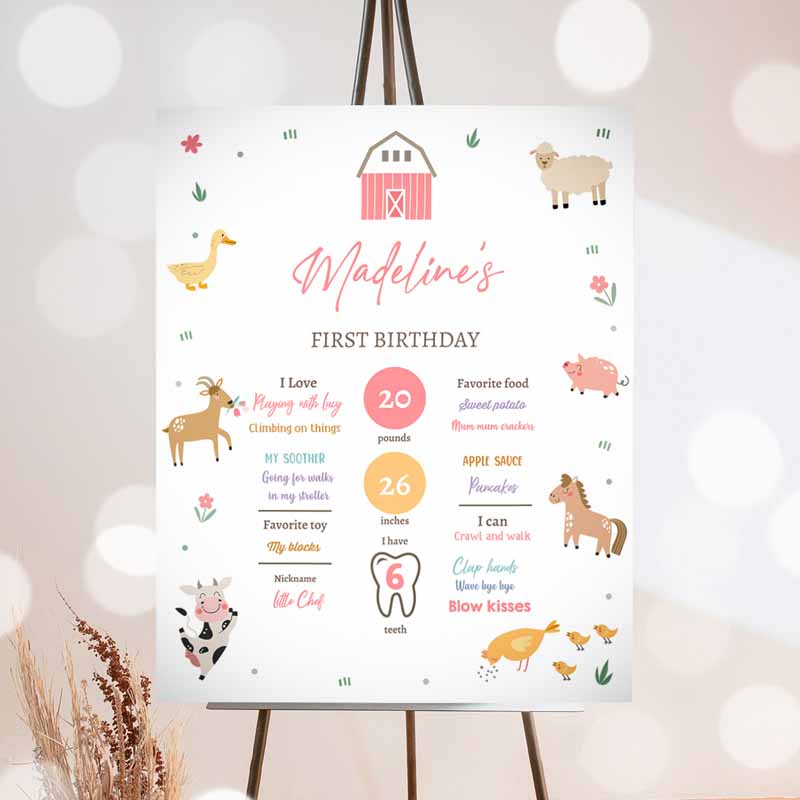 Farm Animals Kids Birthday, Girl Pink Farm Minimalist Barnyard Bash Barnyard Sign, Floral