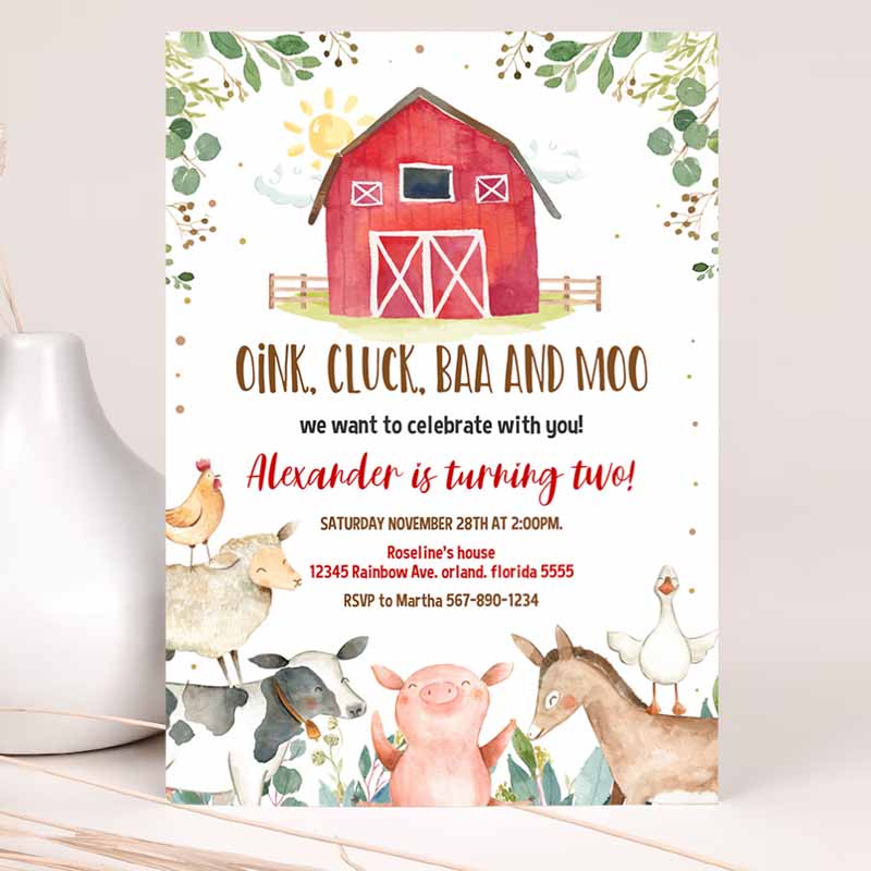 Farm Kids Birthday Invitation, Boy Barn Party, Invite, Farm Animals Barnyard Boy Invitations