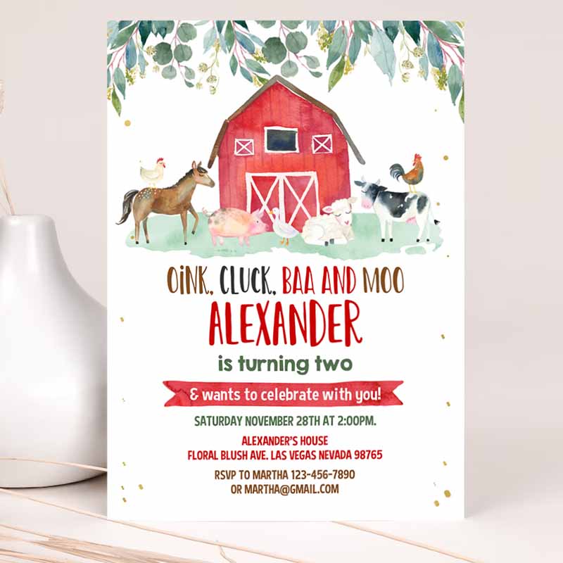 Farm Kids Birthday Invitation, Boy Barn Party, Invite, Farm Animals Barnyard Boy Invitations