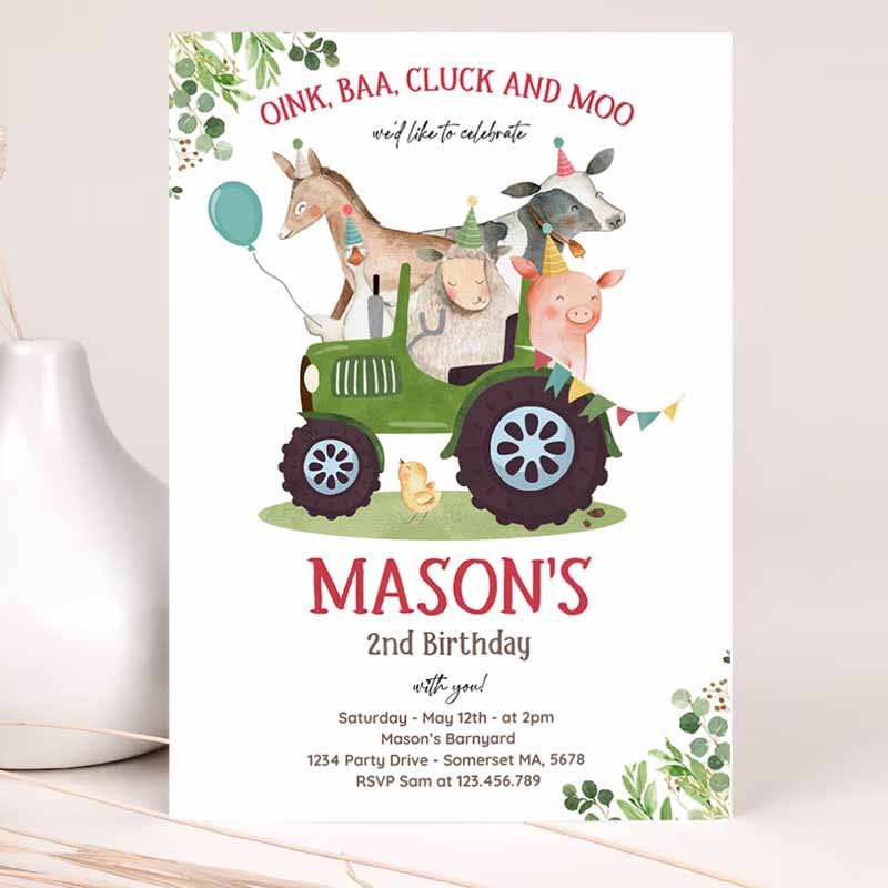 Farm Kids Birthday Invitation, Boy Farm Animals Kids Birthday Invitation, Boy Barnyard Kids Birthday Party, Green Tractor Party