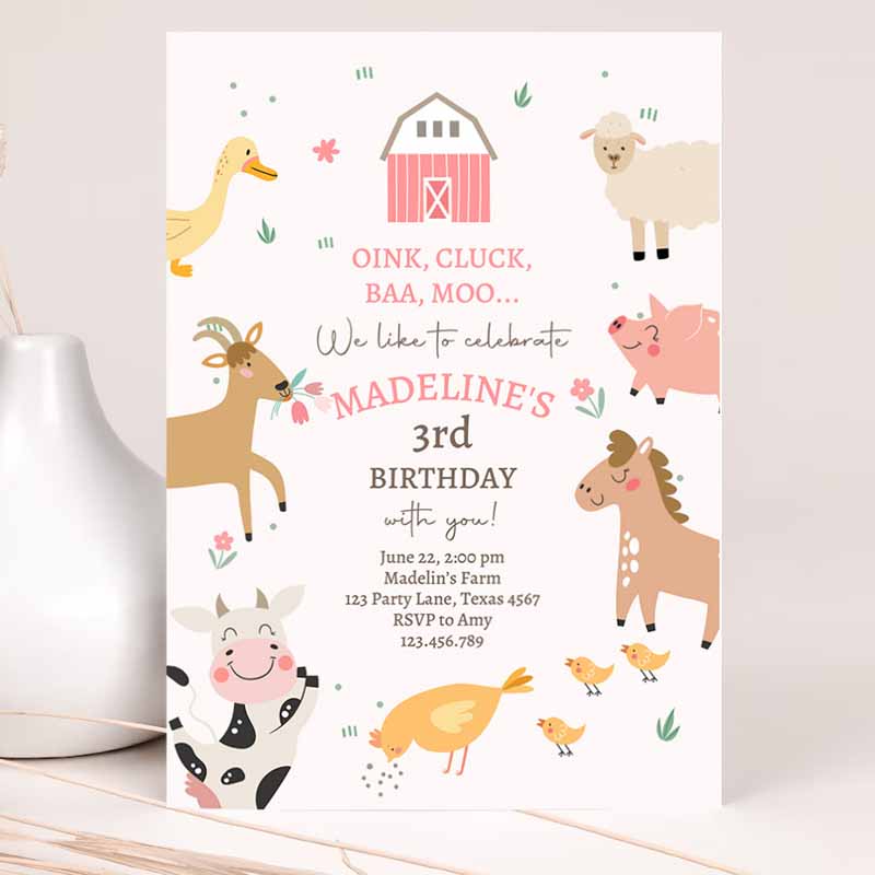 Farm Kids Birthday Invitation, Girl Farm Animals Pink Barnyard Party, Modern Pastel