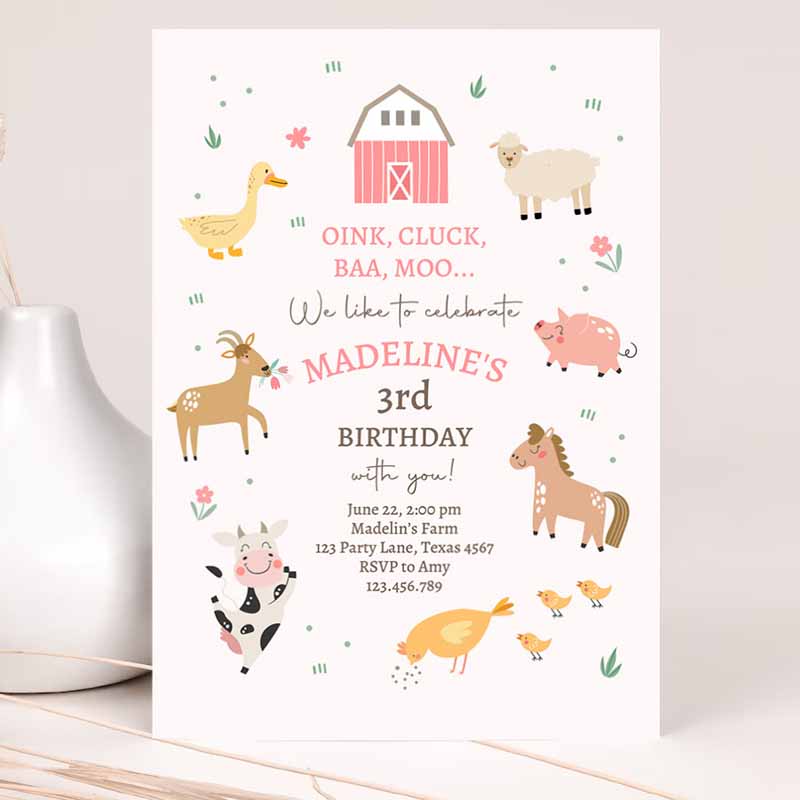 Farm Kids Birthday Invitation, Girl Farm Animals Pink Barnyard Party, Modern Pastel White