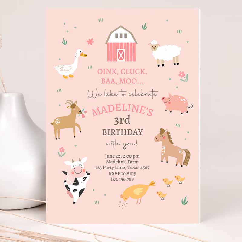 Farm Kids Birthday, Girl Farm Animals Pink Barnyard Party, Modern Pastel