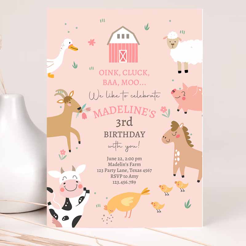 Farm Kids Birthday, Girl Farm Animals Pink Barnyard Party, Modern Pastel