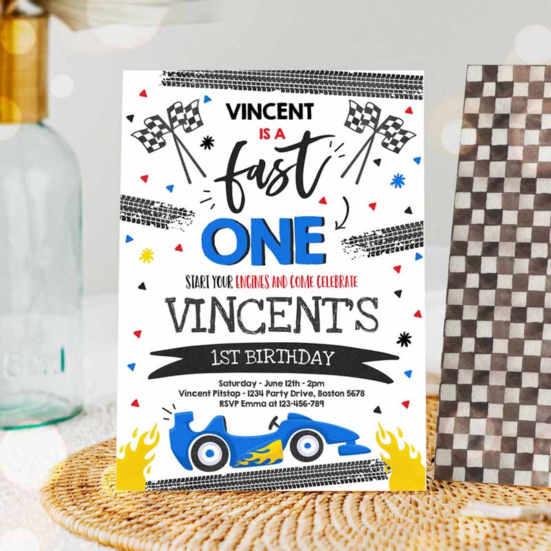 Fast One Kids Birthday Invitation, Fast One Boy Race Car Kids Birthday Party, Invite Fast One Blue Race Car Party