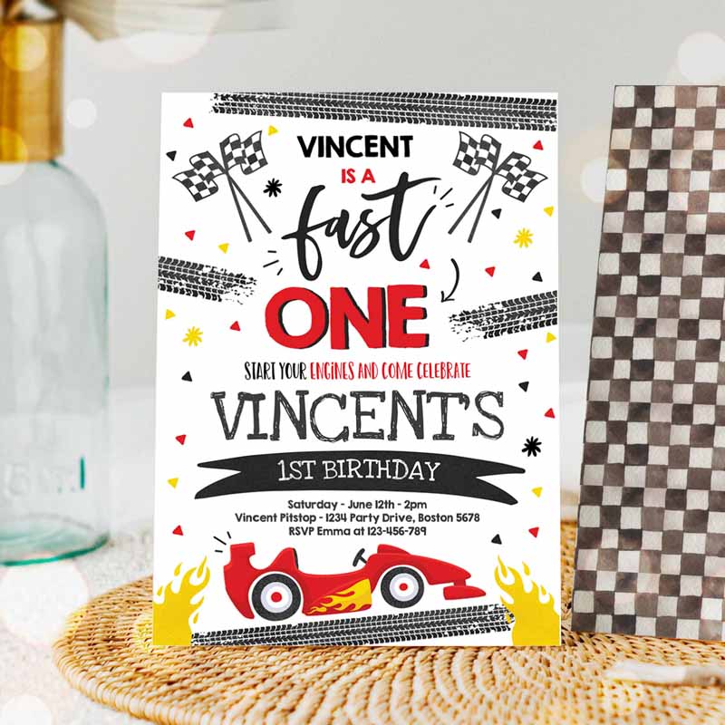 Fast One Kids Birthday Invitation, Fast One Boy Race Car Kids Birthday Party, Invite Fast One Red Race Car Party