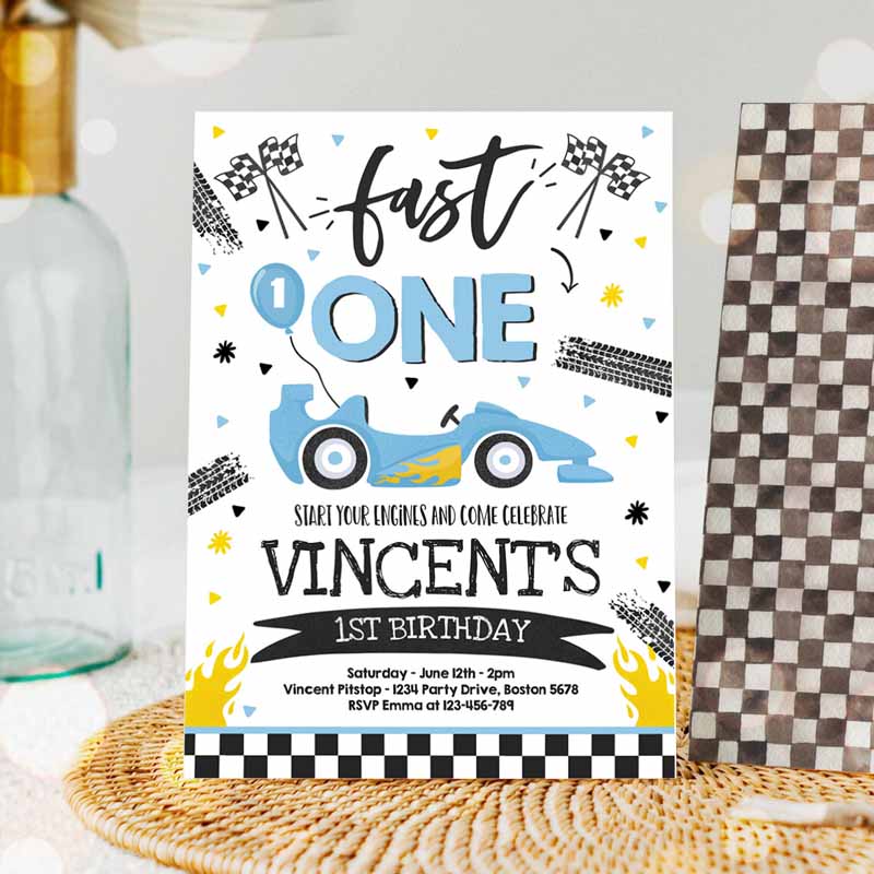 Fast One Kids Birthday, Invite Fast One Boy Race Car Kids Birthday Party, Invite Fast One Blue Race Car Party