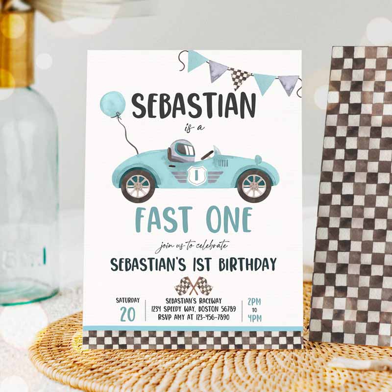 Fast One Race Car Kids Birthday Invitation, Race Car Fast One Kids Birthday, Boy Vintage Blue Race Car Kids Birthday