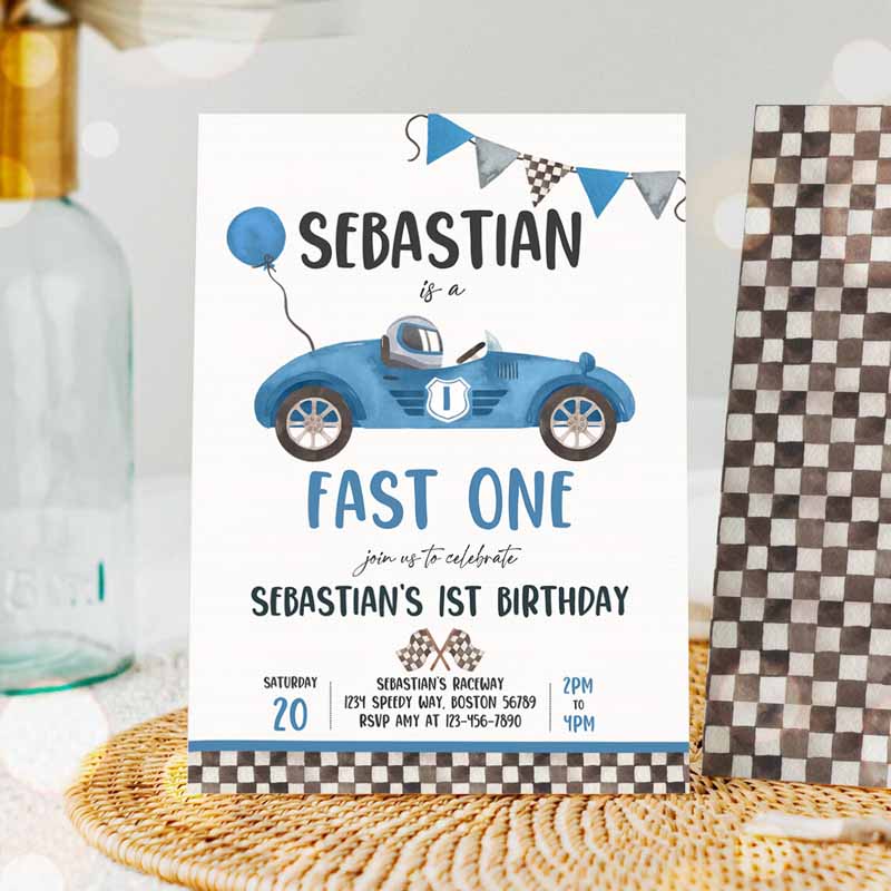 Fast One Race Car Kids Birthday Invitation, Race Car Fast One Kids Birthday, Boy Vintage Green Race Car Kids Birthday, Template