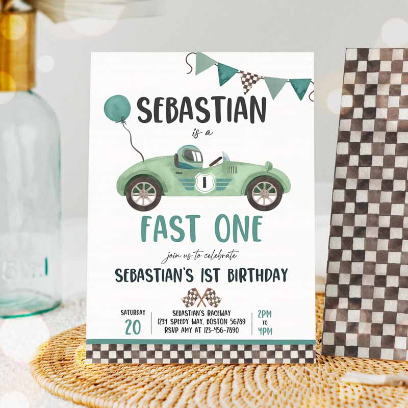 Fast One Race Car Kids Birthday Invitation, Race Car Fast One Kids Birthday, Boy Vintage Green Race Car Kids Birthday