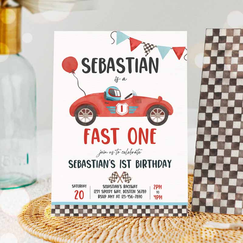 Fast One Race Car Kids Birthday Invitation, Race Car Fast One Kids Birthday, Boy Vintage Red Race Car Kids Birthday