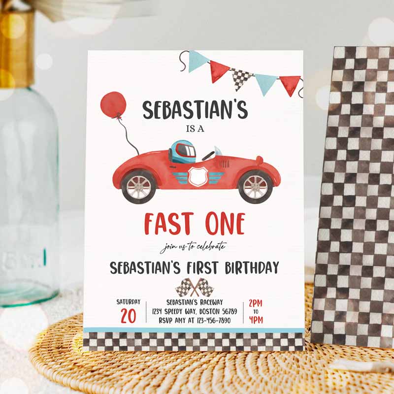 Fast One Race Car Kids Birthday Invitation, Race Car Fast One Kids Birthday, Boy Vintage Red Race Car Kids Birthday, Template