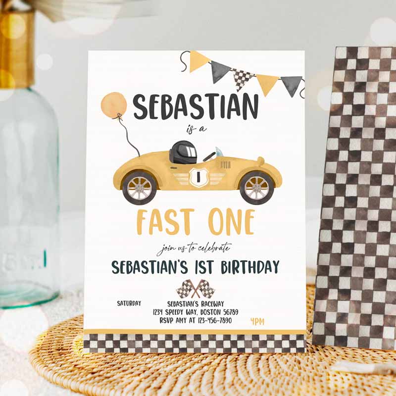 Fast One Race Car Kids Birthday Invitation, Race Car Fast One Kids Birthday, Boy Vintage Yellow Race Car Kids Birthday