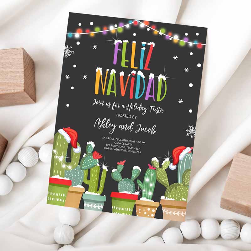 Feliz Navidad Christmas Fiesta Invitation, Cactus Mexican Holiday Fiestamas Party