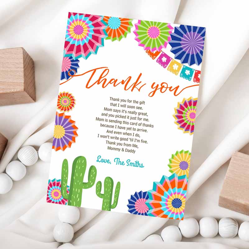 Fiesta Baby Shower Thank You Card Insert Let's Fiesta Mexican Cactus Thank You Note