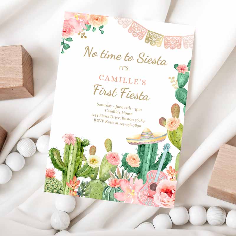 Fiesta Kids Birthday, No Time To Siesta Let's Fiesta Kids Birthday, Watercolor Cactus Mexican Party