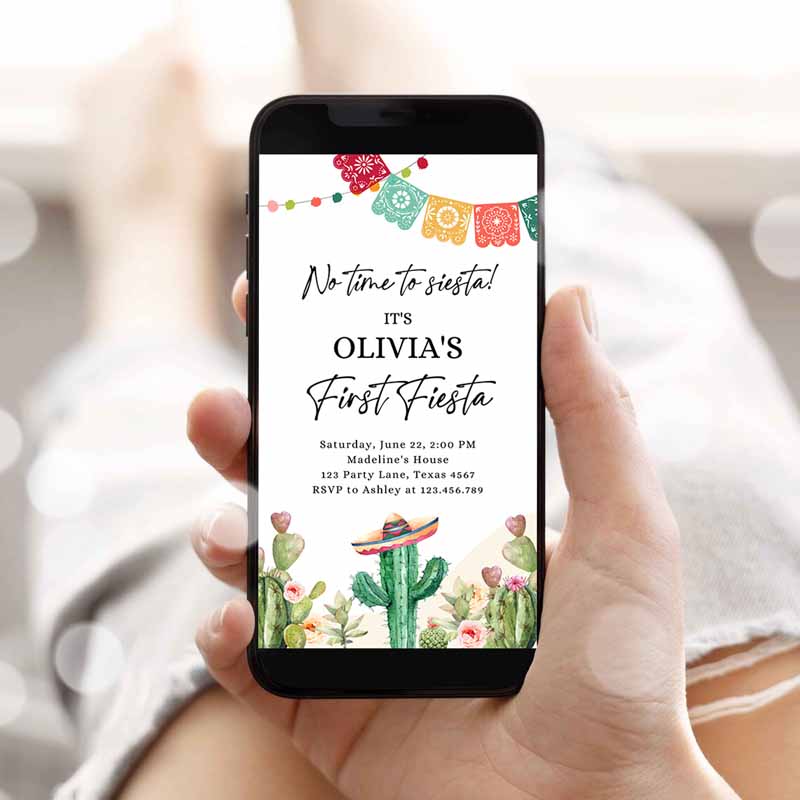 Fiesta Evite First Fiesta Kids Birthday Invitation, Phone Mexican Cactus Succulent Desert Floral Invitation, Template