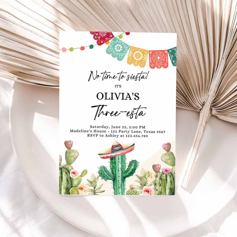 Fiesta Invitation,ree-esta Kids Birthday, Mexican Cactus Succulent Desert Floral Girl Kids Invitation