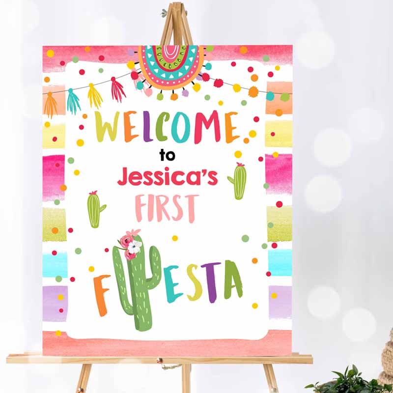 Fiesta Welcome Sign, Girl First Kids Birthday, Cactus Mexican Succulent Decor Poster Colors