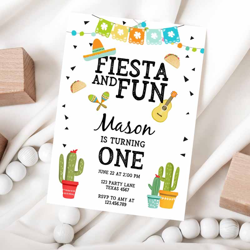 Fiesta and Fun Kids Birthday Invitation, Boy First Fiesta Cactus Sombrero Blue Invitation