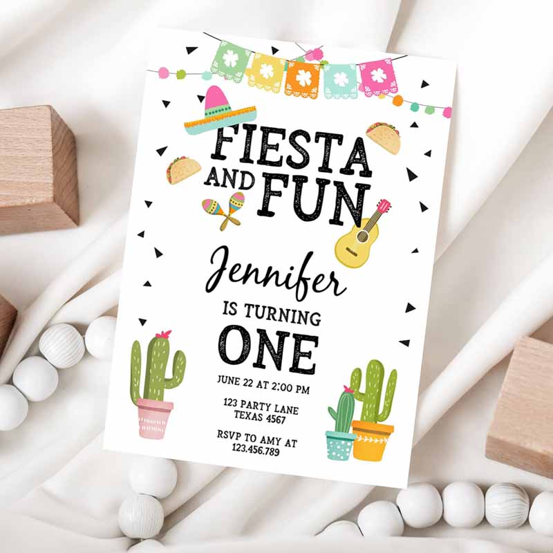 Fiesta and Fun Kids Birthday Invitation, First Fiesta Cactus Sombrero Girl Invitation