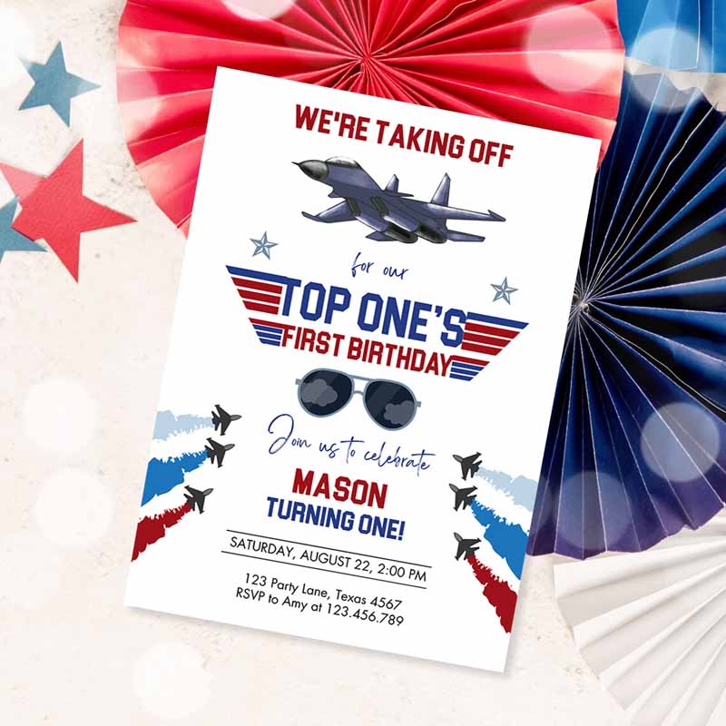 Fighter Pilot Kids Birthday Invitation, Fighter Jet Pilot One Boy Military Jet