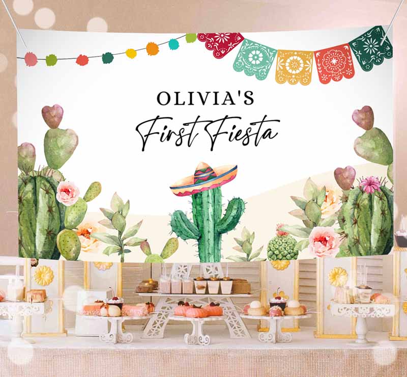 First Fiesta Kids Birthday, Backdrop Banner, Mexican Cactus Succulent Desert Floral Girl Shower