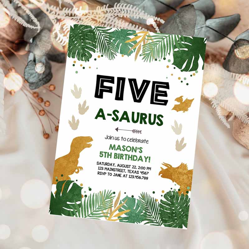 Five-A-Saurus Kids Birthday Invitation, ANY AGE Dinosaur Dino Party, Boy Fifth Kids Birthday, Green Gold