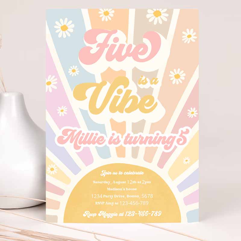 Five Is A Vibe Kids Birthday Invitation, Retro Daisy Sunshine Kids Birthday, Daisy Hippie Rainbow Sunshine Kids Birthday