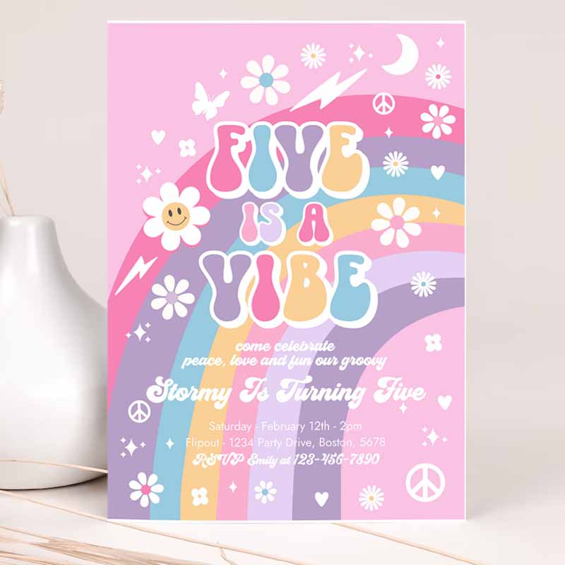 Five Is A Vibe Groovy Kids Birthday, Pink Purple Blue Groovy Rainbow Hippie Kids Birthday