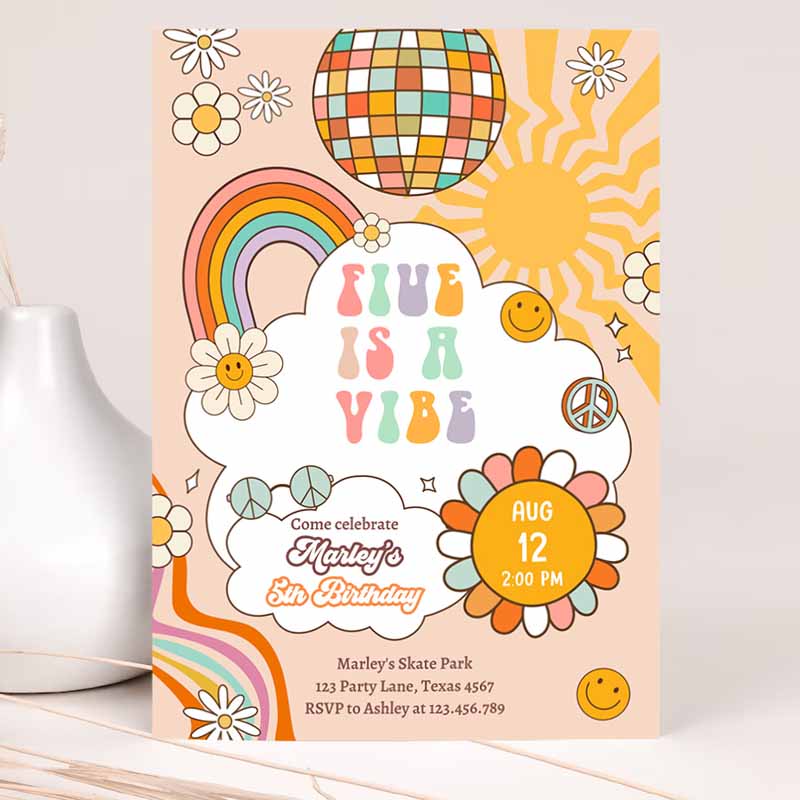 Five Is A Vibe Groovy Kids Birthday Invitation, Four Invite Rainbow Peace Love Party